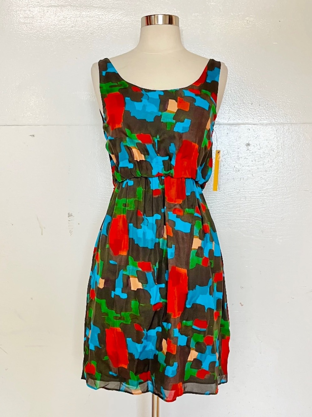 Alice and Olivia 100% Silk Abstract Geo Print Mini Tank Dress Red Green Blue